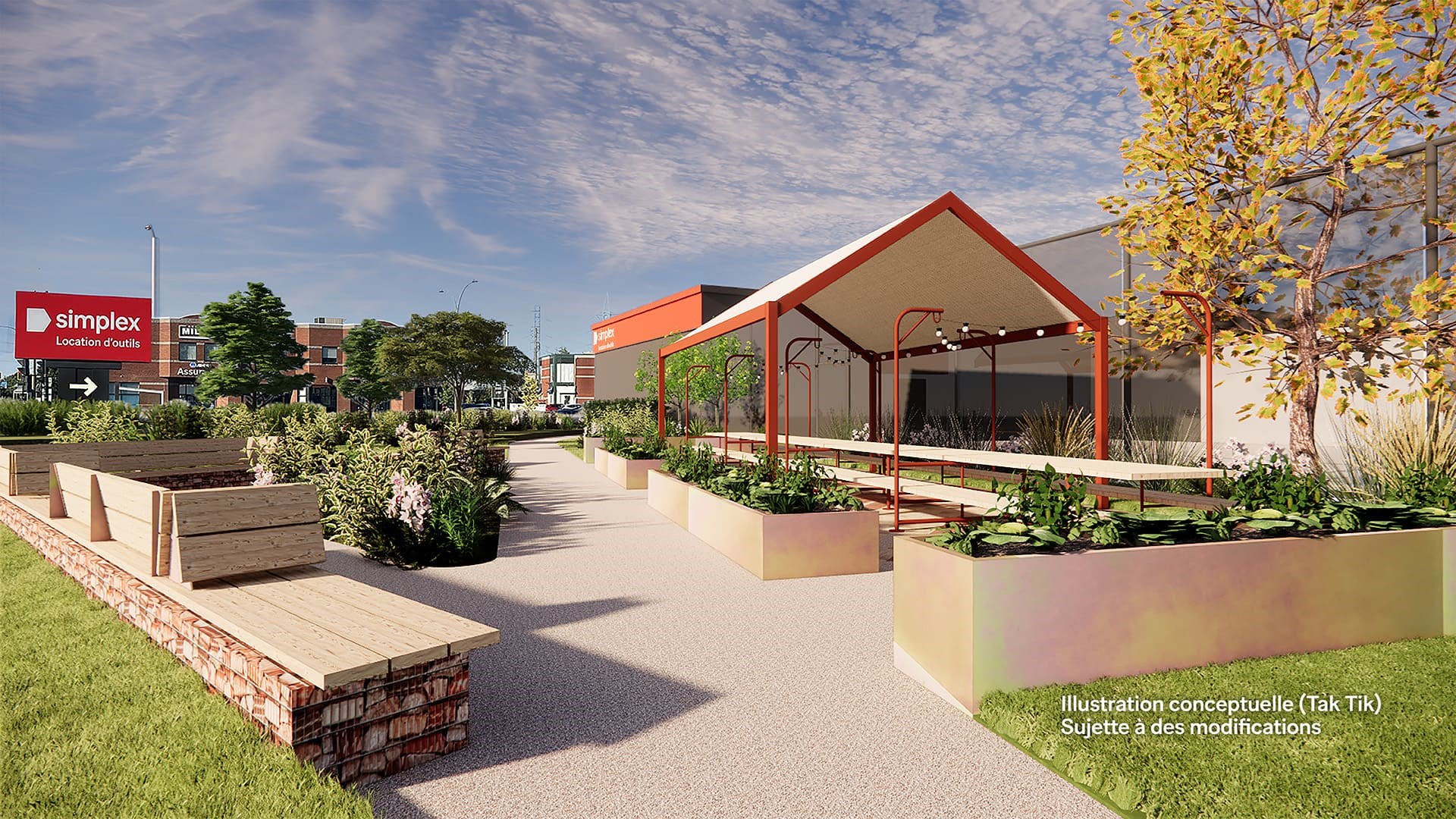 Illustration d’un espace extérieur avec pergola rouge, bancs en bois et bacs de plantation devant la succursale Simplex Acadie à Montréal.