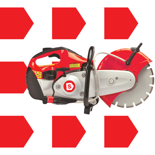 Scie à béton rouge et grise avec disque diamanté, outil de coupe professionnel en location chez Simplex