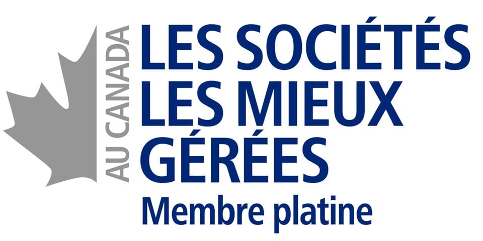 Logo Les Sociétés les mieux gérées au Canada – Membre platine, montrant une feuille d’érable grise et le texte bleu.