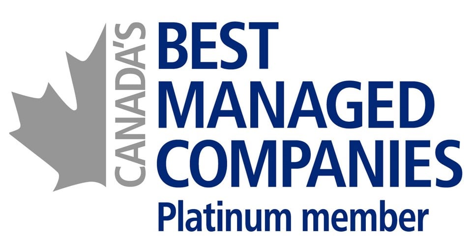 Logo of the Best Managed Companies in Canada – Platinum member, featuring a gray maple leaf and blue text.