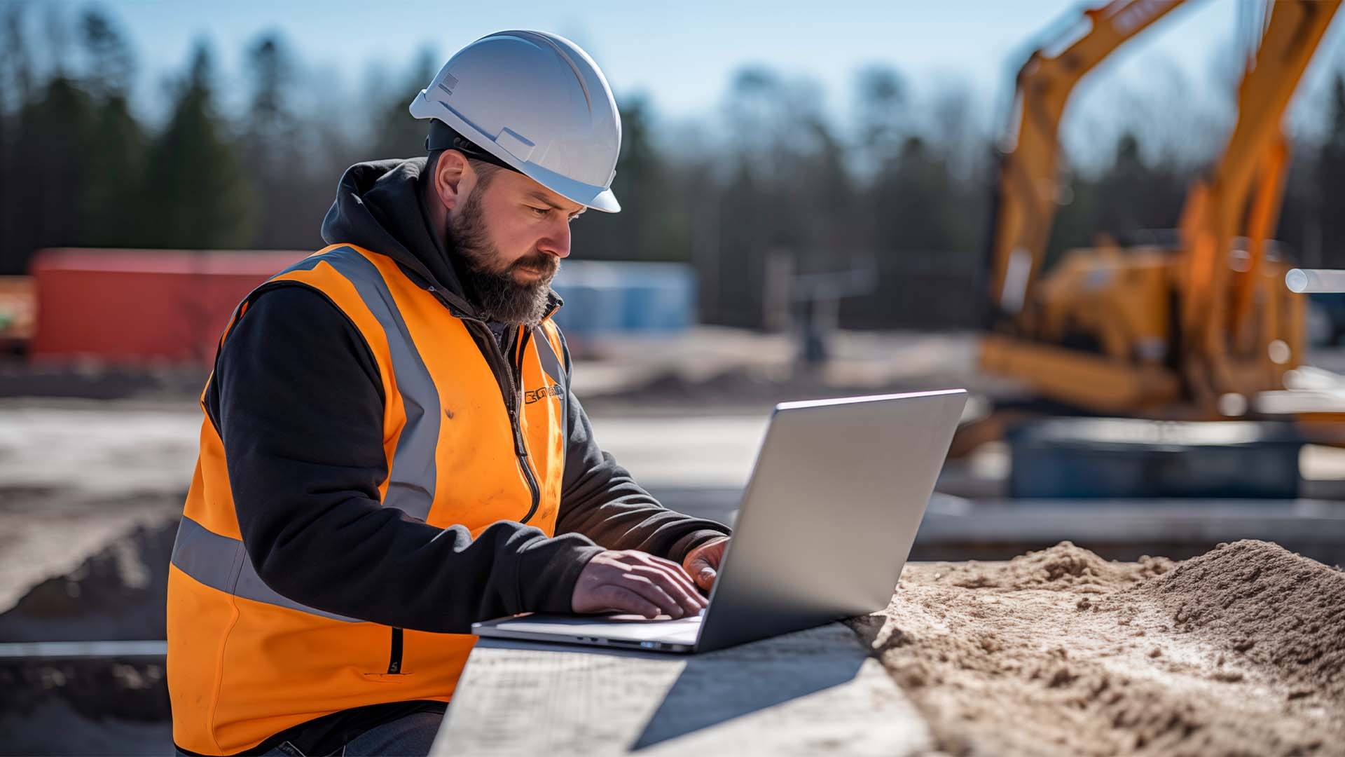 Individu portant une veste orange et un casque de sécurité blanc utilise un ordinateur portable, assis dans un chantier de construction, et une excavatrice en arrière-plan.