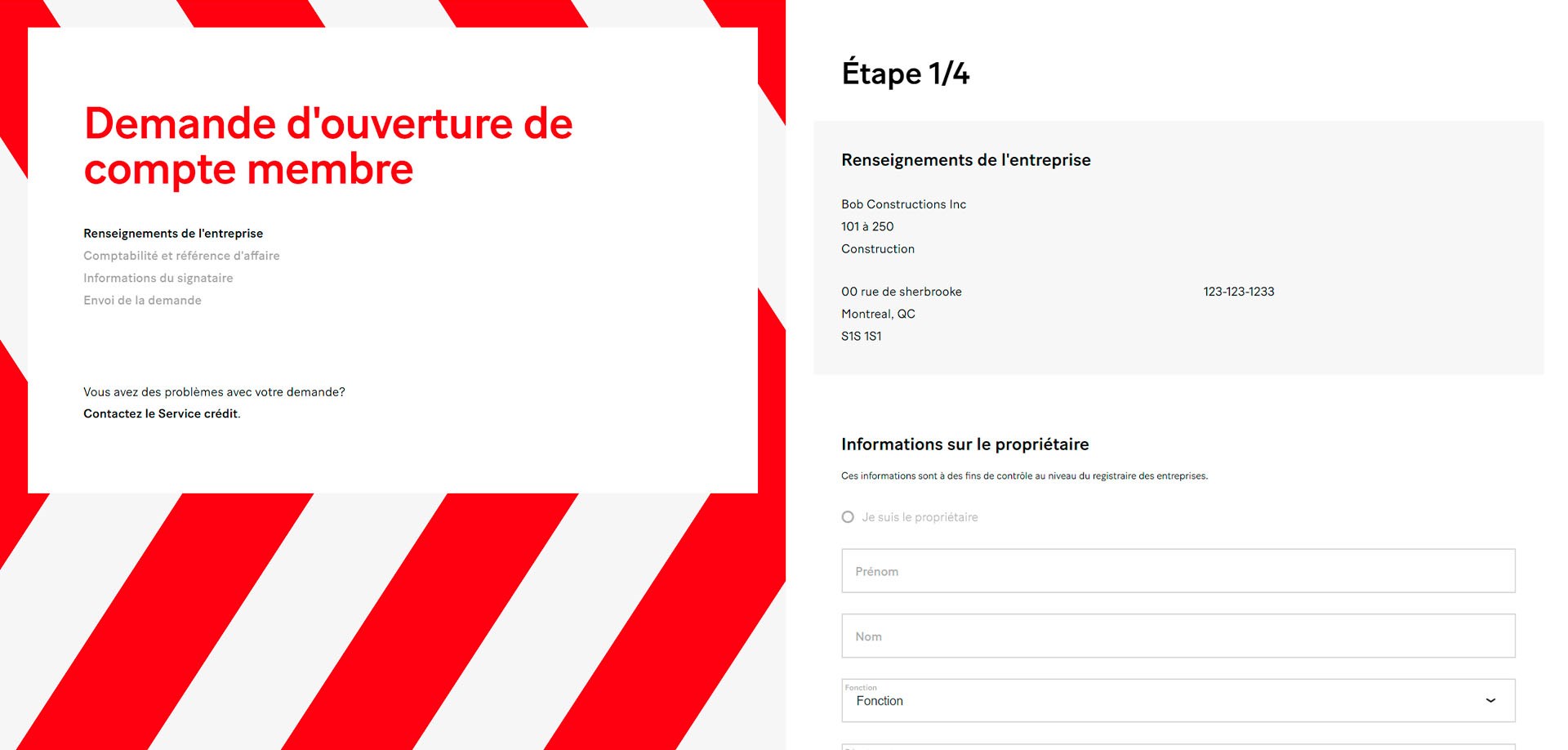 Capture d'écran montrant l'étape 1 du formulaire qui exige les renseignements relatives à l'entreprise